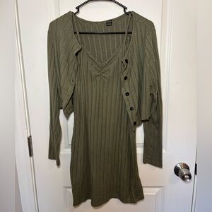 SHEIN Olive Long Sleeve Two-Piece Ribbed Dress with Cropped Buttoned Cardigan